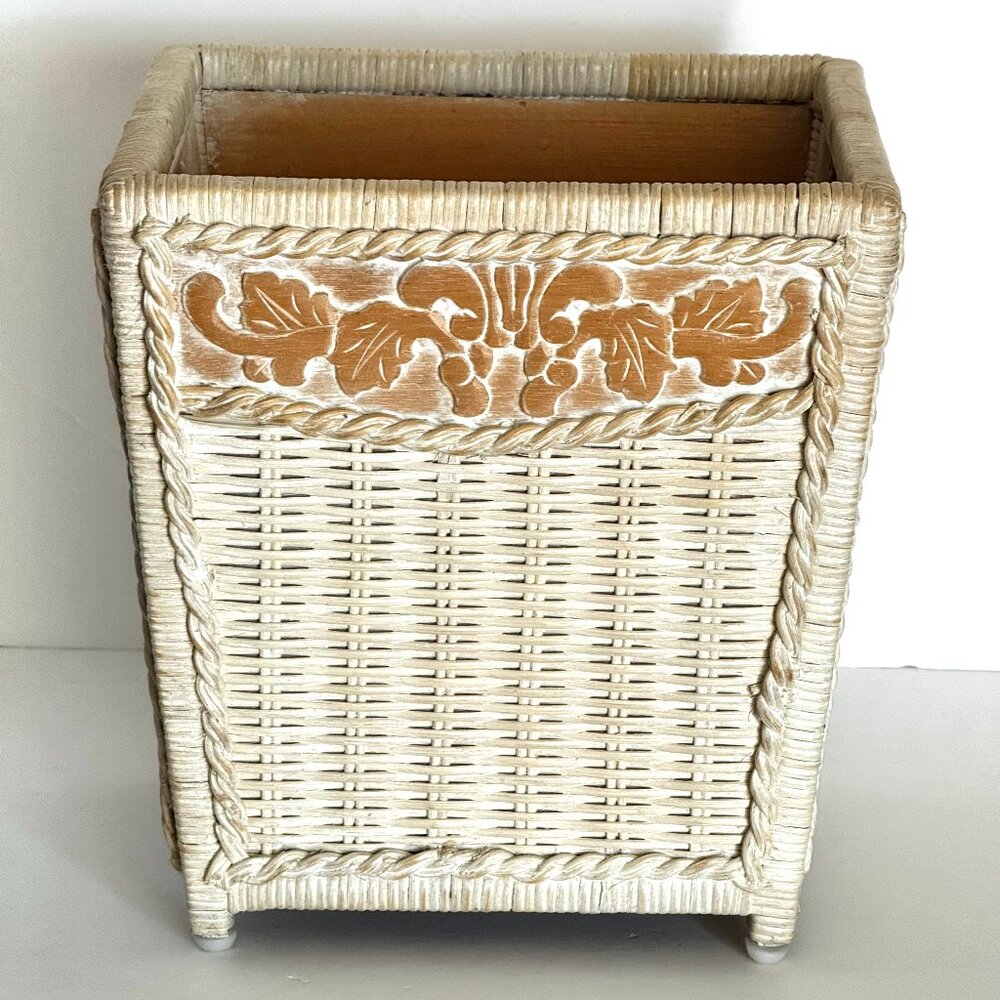 Pier 1 Rattan Waste Basket 11.5" White Wash Jamaica Collection Wicker Trash Can